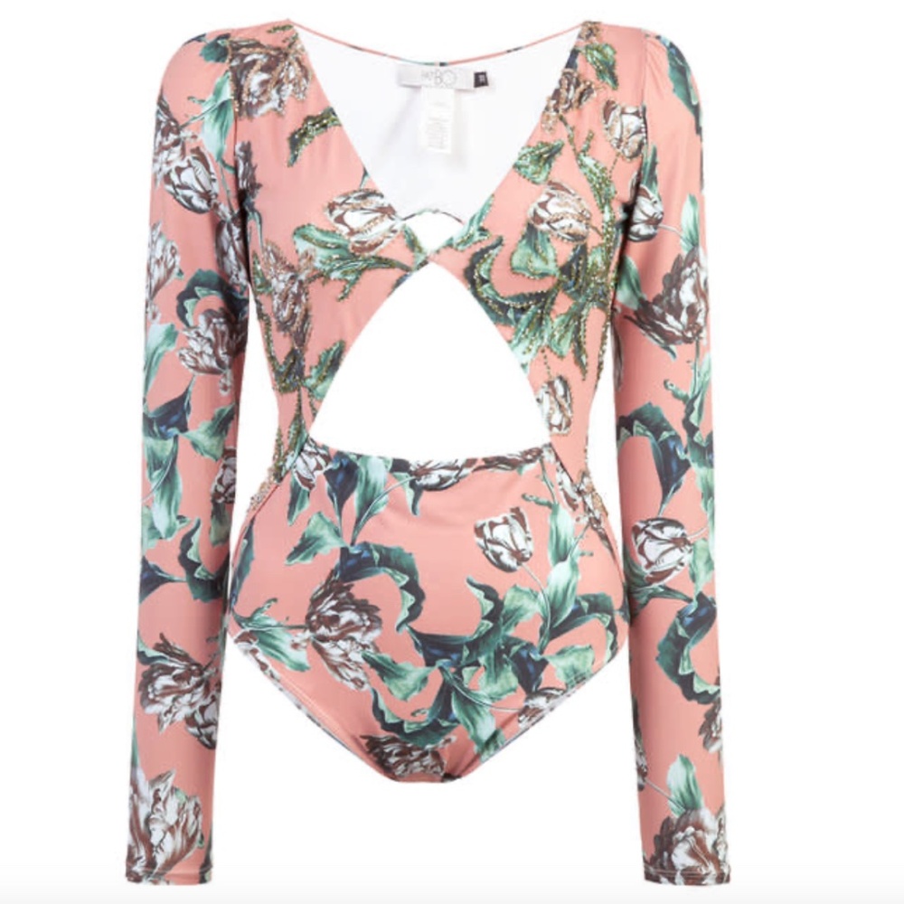 PatBO Botanica Print Embellished Rashguard Long-sleeve Swimsuit - NWT XS Acacia
